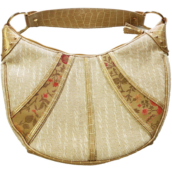 Metallic Gold Purse Shoulder Bag Tapestry Look Flowers-CL America - Picture 1 of 16